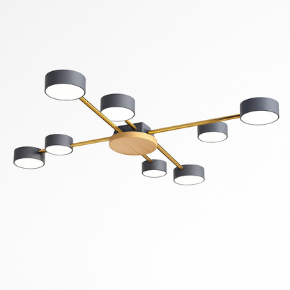 Plafonnier LED design en métal et bois avec plusieurs lampes rondes Aibiou
