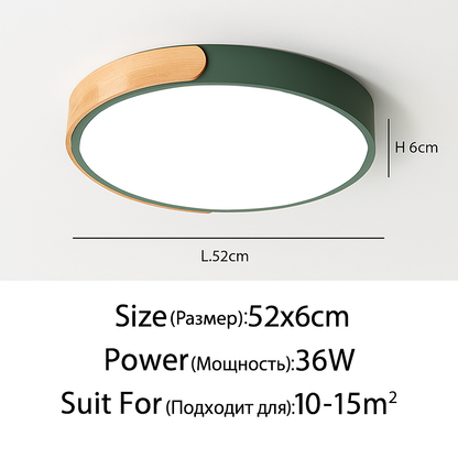 Plafonnier LED rond en métal et bois arrondi Macaron
