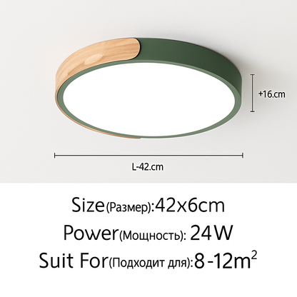 Plafonnier LED rond en métal et bois arrondi Macaron