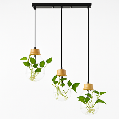Suspension bocal en verre à fleur et support en bois