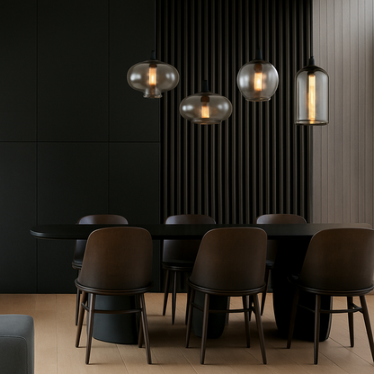 Suspension design LED aux formes arrondies en verre avec ampoule industrielle