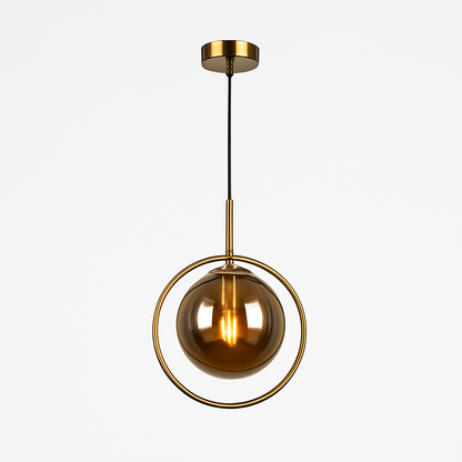 Suspension dorée à LED design boule en verre fumé